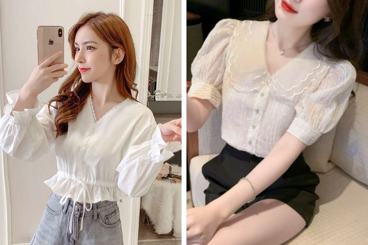 Áo sơ mi vải voan mỏng cổ chữ V tay phồng ao so mi vai voan mong co chu v tay phong